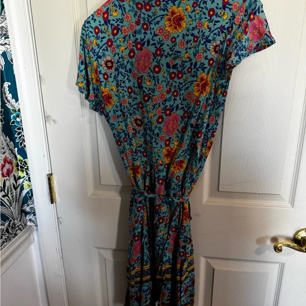 Boho Floral Print Teal Mini Wrap Dress Medium - Picture 6 of 6